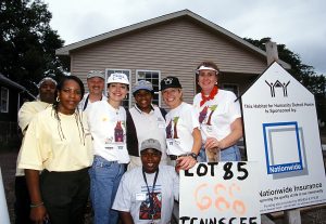 First Ladies Michelle Engler of Michigan, Cathy Keating of Oklahoma, and Janet Huckabee of Arkansas at house sponsored by Nationwide Insurance. (First Ladies Build, 2000)